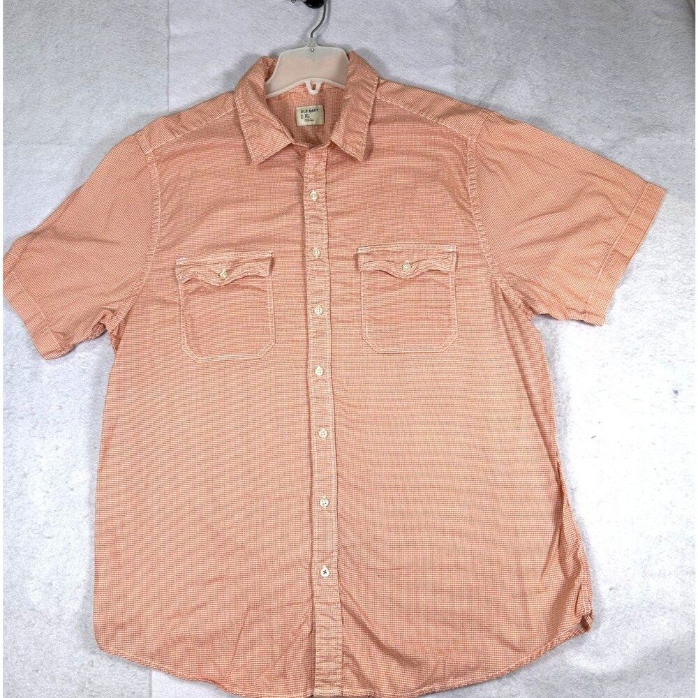 Old Navy Men’s XL Orange White Check Short Sleeve Button Up Shirt Cotton